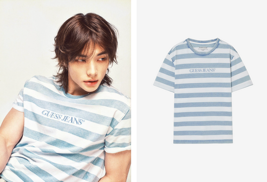 Stray Kids Hyunjin x Guess - Mens Regular Indigo Stripe Short Sleeve TShirt (Light Blue)