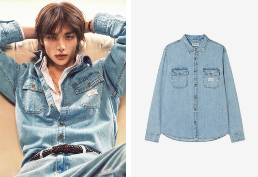 Stray Kids Hyunjin x Guess - Mens L-Tone Regular Denim Long Sleeve Shirt (Light Blue)